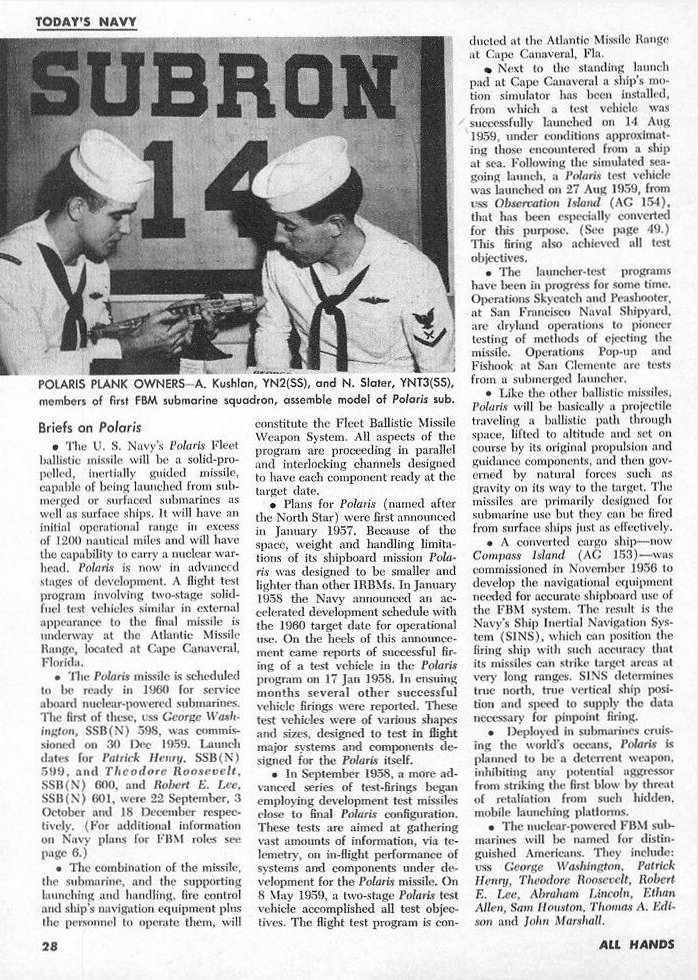 All Hands magazine January 1960 page 28 — Polaris submarine ballistic missile briefs, SubRon 14 members assembling a model of the Polaris submarine