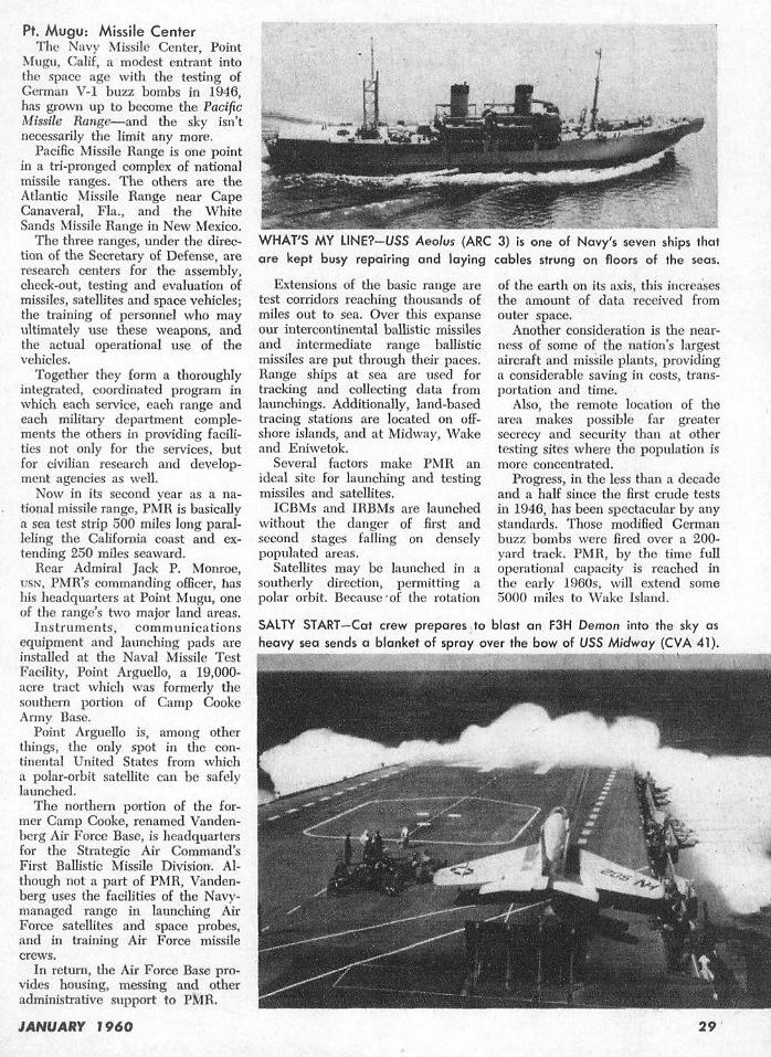 All Hands magazine January 1960 page 29 — USS Aeolus cable-laying ship, Point Mugu Missile Center article, and F-3H Demon cat shot from USS Midway CVA 41 in heavy seas