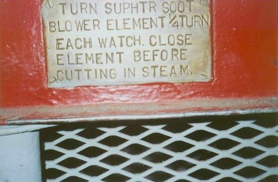 Instruction plate for a superheater soot blower marked SUPHTR