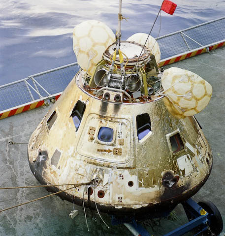 Apollo 8 command module capsule on the deck of USS Yorktown after recovery, December 1968