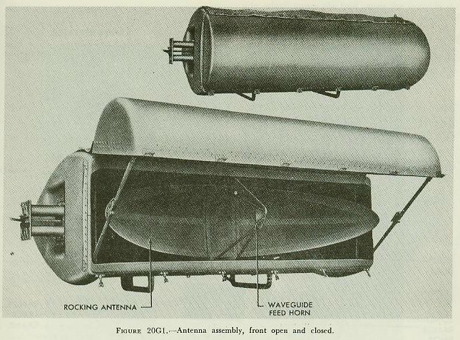 Figure 20G1 &mdash; Mark 13 radar antenna mounted on top of the Gun Director Mark 34 shield