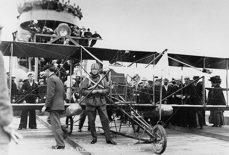 Preparing for the takeoff — Ely's Curtiss pusher airplane on the deck of USS Birmingham