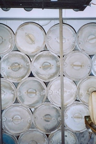 Stacked powder canisters in the USS North Carolina powder magazine