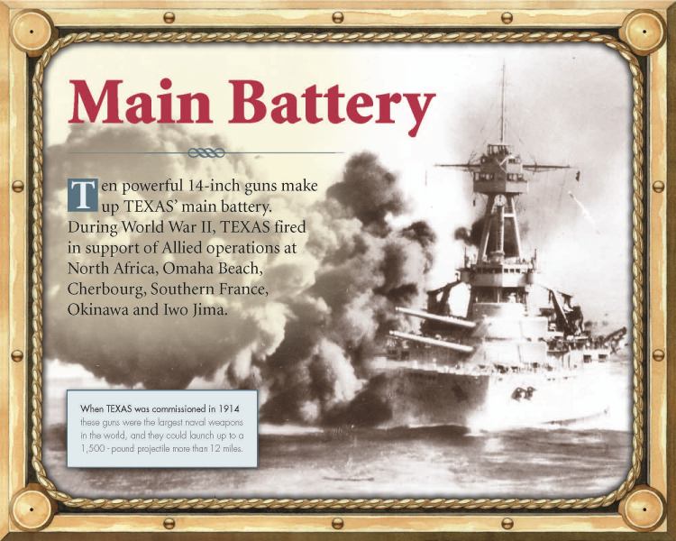 USS Texas main battery interpretive sign at the battleship museum