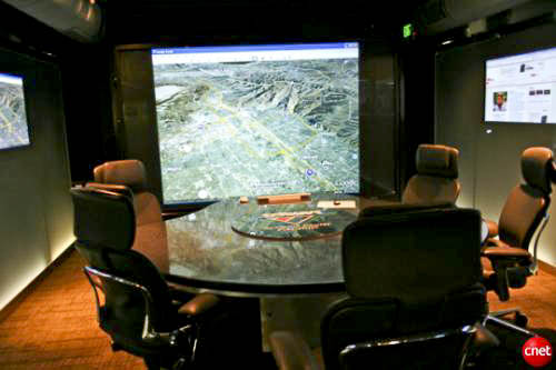The 135-inch centerpiece screen of the Navy Command Center of the Future, used for videoconferences, maps, and tactical displays