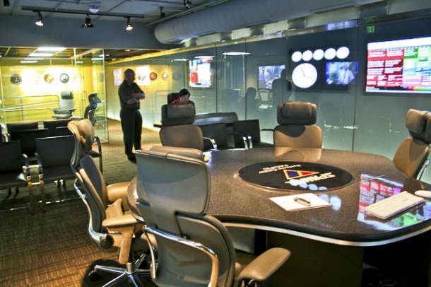 A panoramic view across the Navy Command Center of the Future prototype at SPAWAR Systems Center Pacific, San Diego