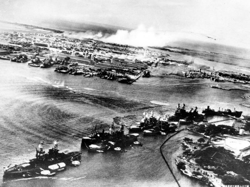 Japanese photograph shows American ships clustered at Pearl Harbor before attack