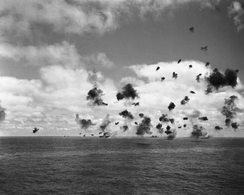 USS Yorktown throws up anti-aircraft fire at Battle of Midway June 4 1942