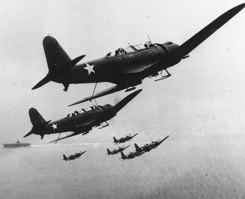 Six US Navy scout planes in flight above carrier October 1942