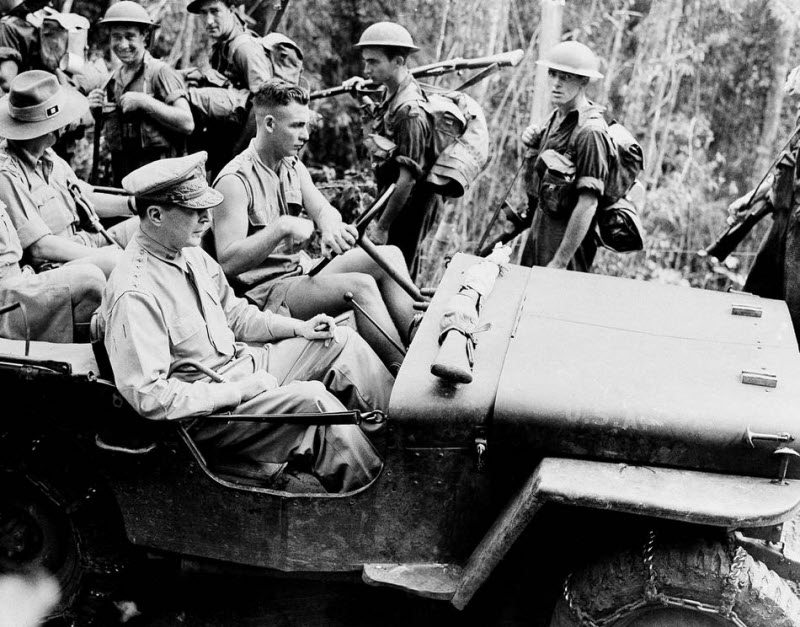 General MacArthur inspects Allied positions in New Guinea jungle November 1942
