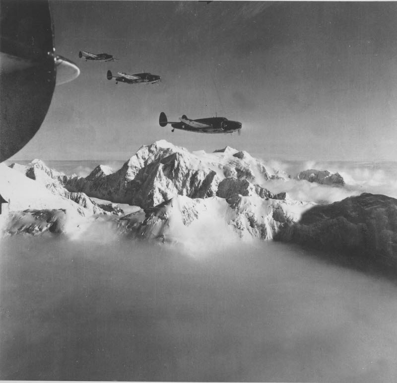 US Army Air Force A-29 planes on alert in Alaska with Mt. McKinley in background November 1942