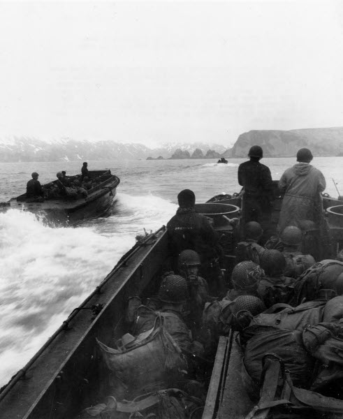 American 7th Infantry Division approaches Beach Red at Attu Island Alaska May 1943