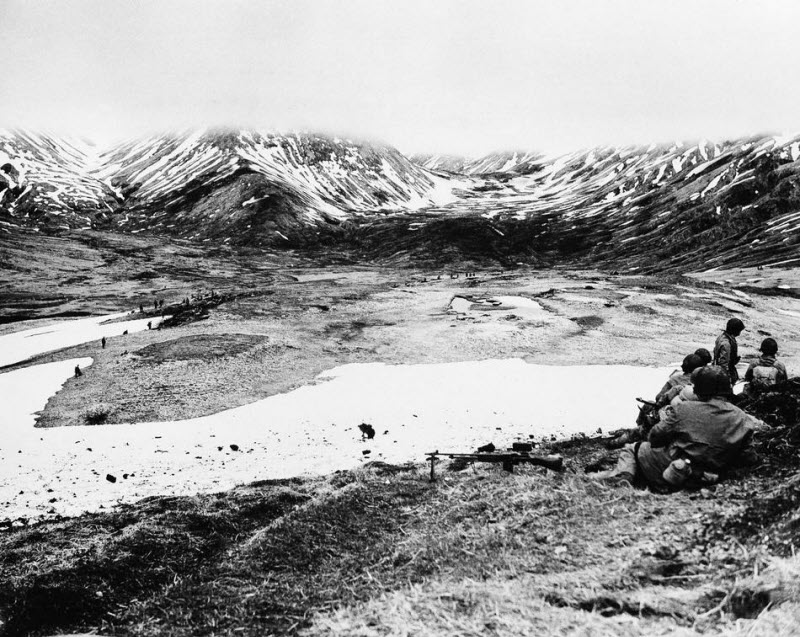 Valley on Attu with Japanese positions and mountain passes to Holtz Bay July 1943