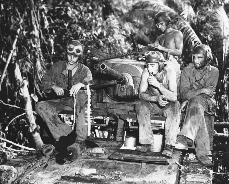 Marine tank crew at rest at Munda after three days of fighting September 1943