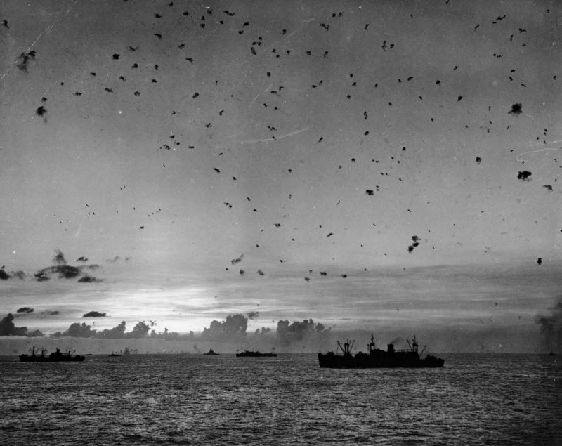 Flak fills sky as US antiaircraft guns fight off Japanese attack during Saipan invasion July 1944