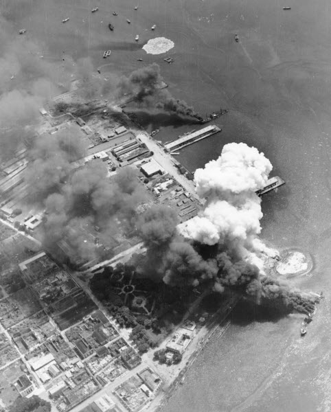 Japanese-occupied harbor of Cebu under attack by US Navy carrier-based fighter planes September 1944