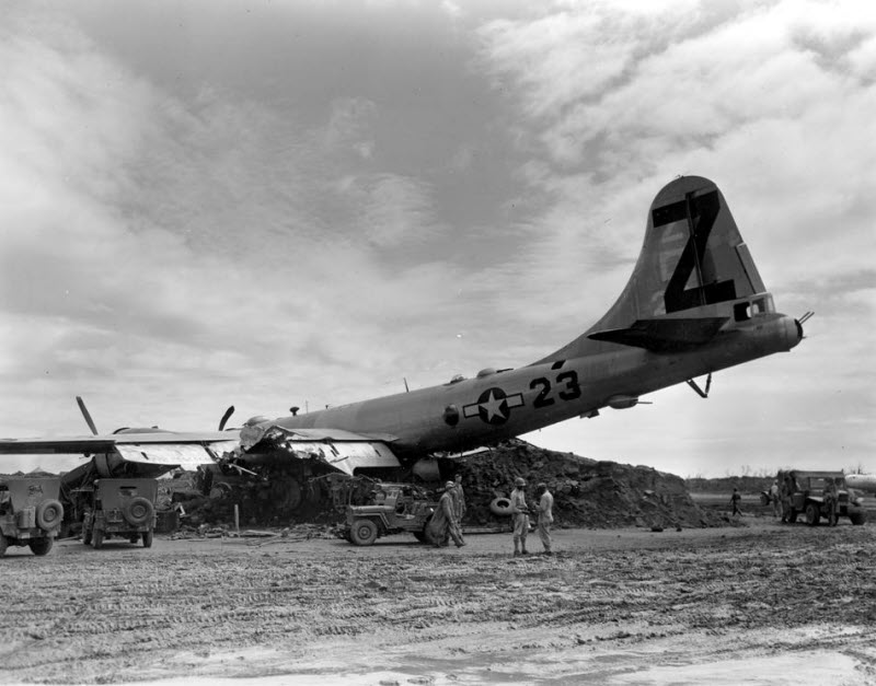 B-29 Superfortress crash lands with two engines working at Iwo Jima April 1945