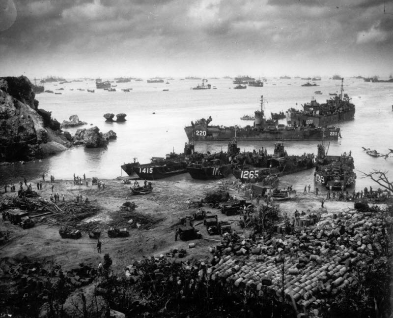 US invasion forces establish beachhead on Okinawa 350 miles from Japanese mainland April 1945
