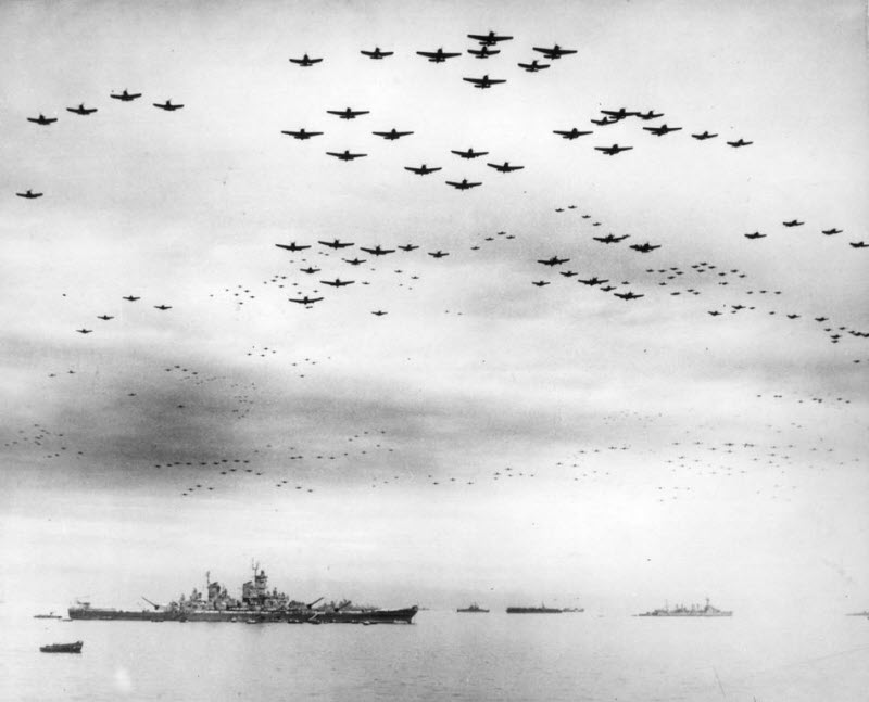 F4U and F6F fighter planes fly in formation over USS Missouri during surrender ceremonies September 2 1945