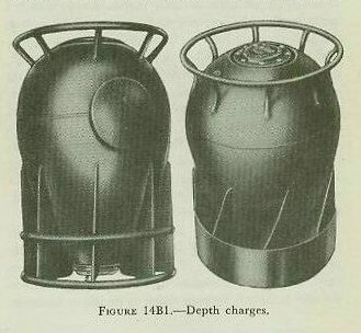 Figure 14B1 — Representative depth charges: cylindrical Mark 6 and teardrop-shaped Mark 9 and Mark 14