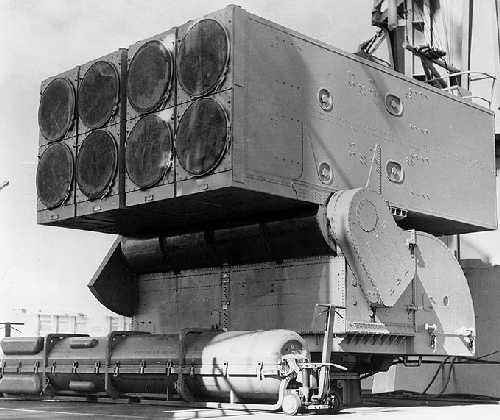 Mark 112 octuple ASROC launcher aboard a US Navy destroyer, 1962