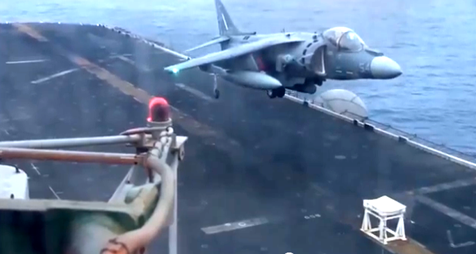 AV-8B Harrier approaching USS Bataan with no nose gear extended